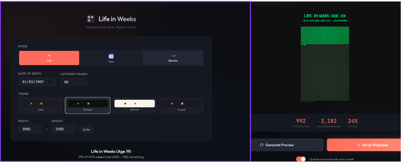 Life in Weeks Product UI